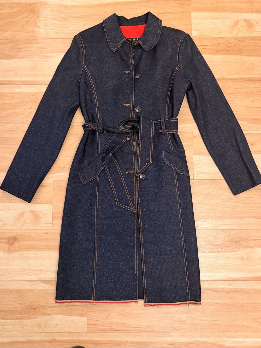 Belted Navy Contrast-Stitch Long Denim Trench Coat
